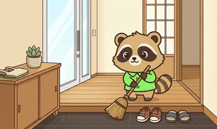 緑のシャツを着たたぬきが、明るい玄関でほうきを使って床を掃き、靴をそろえているイラスト