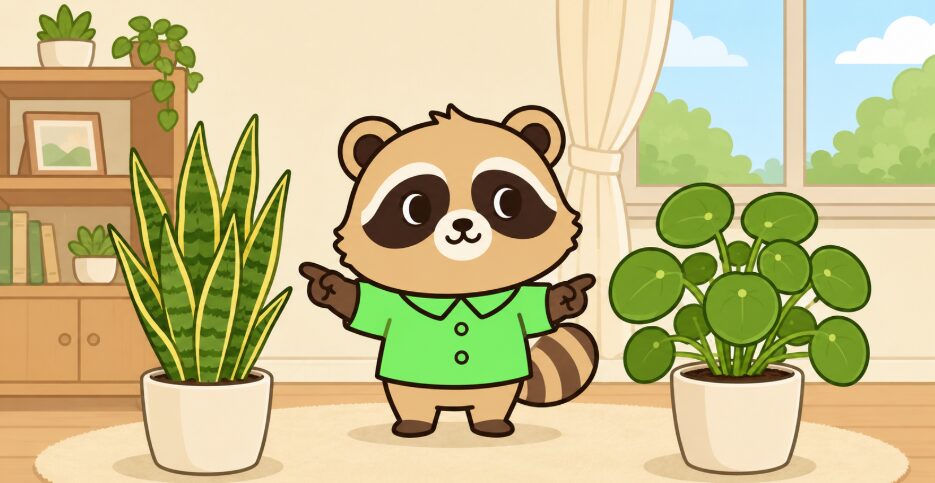 たぬきが上向きの葉と丸い葉の観葉植物を見比べて説明しているイラスト