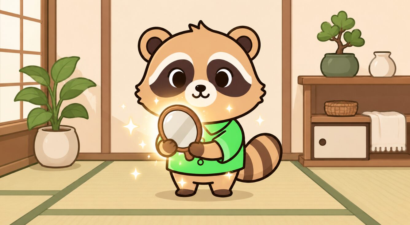 緑のシャツを着たかわいいデフォルメたぬきが、和風の部屋で小さな手鏡を両手で大切に持っている。鏡のまわりにはやわらかな光ときらめきが広がり、背景には観葉植物や飾り棚、白い布が置かれている。