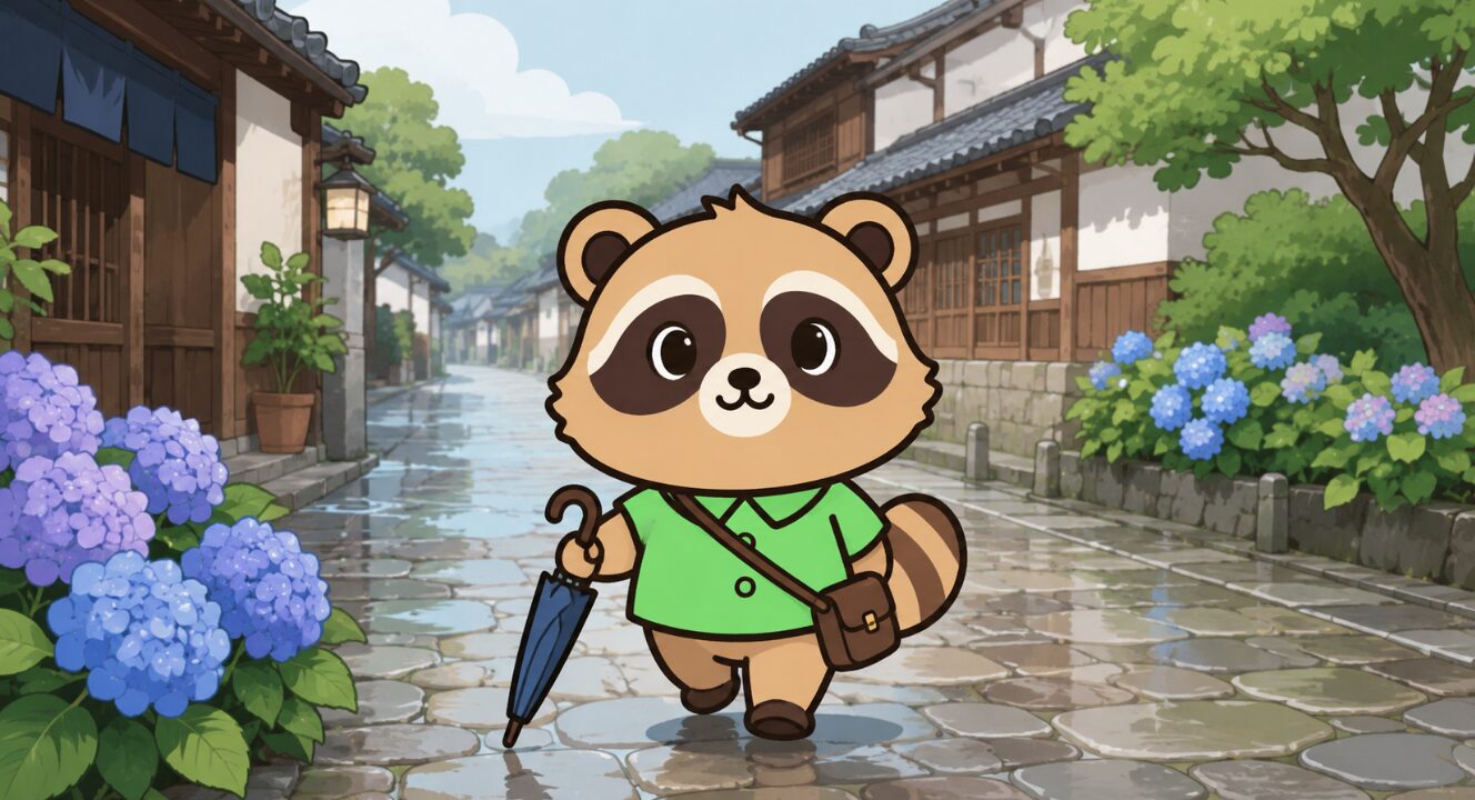 雨上がりの静かな古い街並みを、旅行バッグと傘を持ったたぬきが一人で歩くイラスト