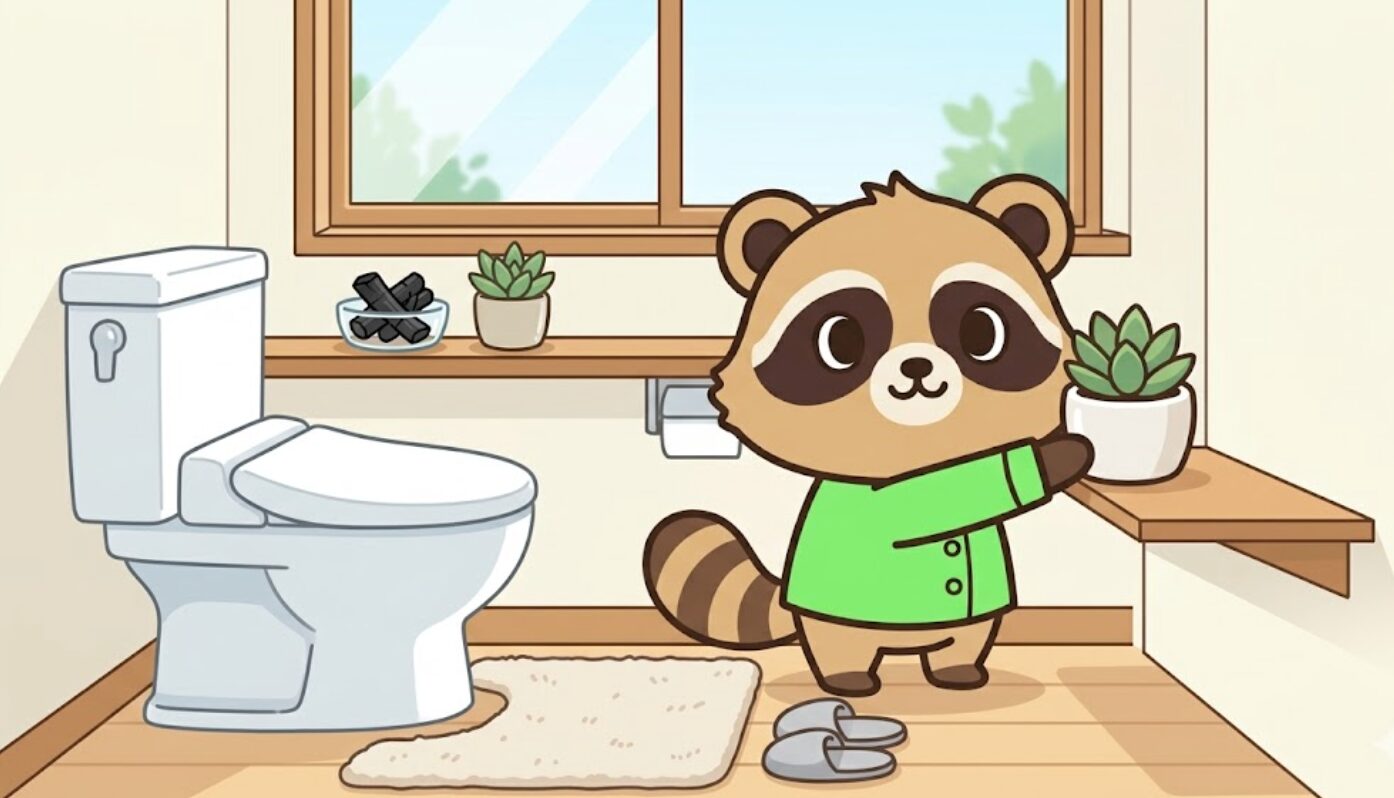 清潔なトイレで緑のシャツを着たかわいいたぬきが、観葉植物や専用スリッパ、トイレマットを整えているイラスト