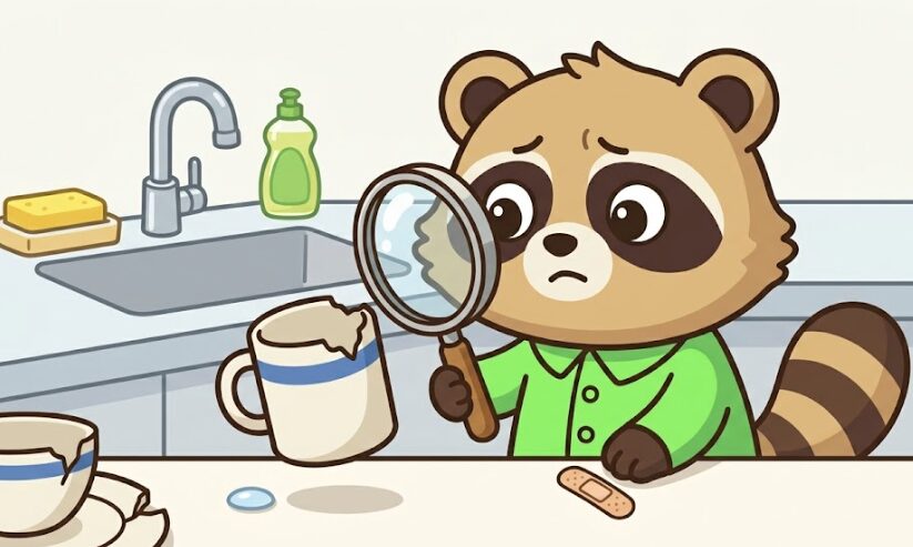 たぬきが欠けたマグカップを虫眼鏡で確認し、ケガや衛生面に注意しているイラスト