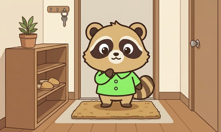 一人暮らしの狭い玄関で、たぬきが玄関マットの必要性を考えているイラスト