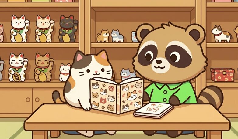 たぬきが猫柄の御朱印帳を開き隣に座る猫をやさしく見つめているイラスト