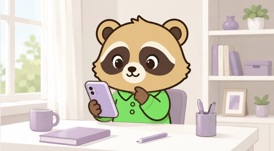 パープル・紫・ラベンダーのスマホケースの風水的な意味を、緑のシャツを着たかわいいたぬきが落ち着いた表情で紹介しているイラスト