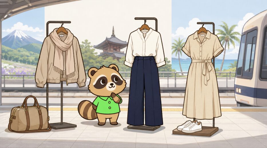 たぬきキャラクターが北海道、京都、沖縄など行き先別の6月旅行コーデを駅で見比べているイラスト