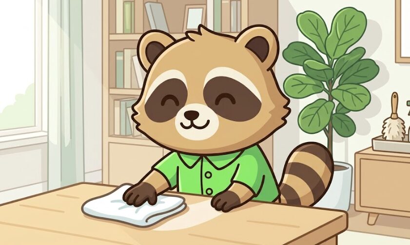 緑のシャツを着たたぬきが、明るい部屋でテーブルを布で拭いて掃除しているイラスト