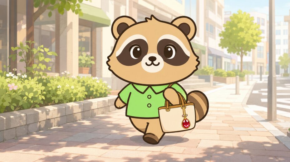 緑のシャツを着たかわいいたぬきが、赤い天然石バッグチャーム付きのバッグを持って前向きに歩き出しているイラスト