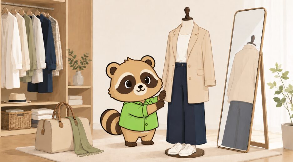 たぬきキャラクターが姿見の前で体型を拾いにくい上品な旅行コーデを確認しているイラスト