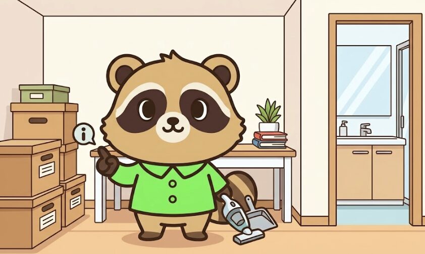 緑のシャツを着たたぬきが、整理された部屋で掃除と片づけのコツを説明しているイラスト