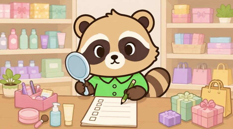 緑のシャツを着たかわいいデフォルメたぬきが、雑貨店風の明るい店内で手鏡を持ち、机の上の無地のチェックリストを見ながらサイズやデザインを確認しているイラスト。周囲にはラッピングボックスやメイク小物が並んでいる。