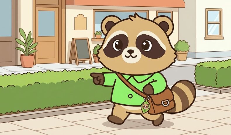 緑シャツを着た可愛いタヌキのキャラが、ショルダーバッグを斜め掛けにして街を歩いています。バッグには小さなタヌキのチャームが付いています。タヌキは前方を指差しており、背景には植え込みのある歩道とカフェのような建物が描かれています。