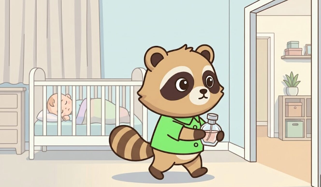 たぬきが赤ちゃんのいる寝室で香水を片づけているイラスト