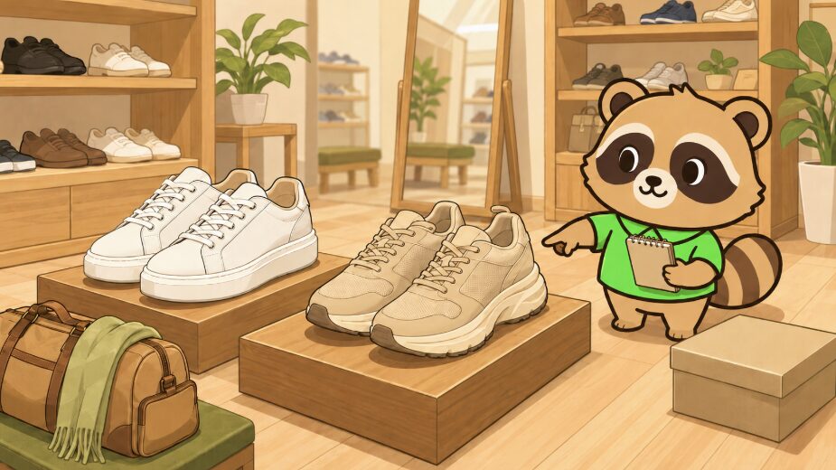 たぬきキャラクターが靴売り場で白いスニーカーを試し履きし、旅行で疲れにくい靴を選んでいるイラスト