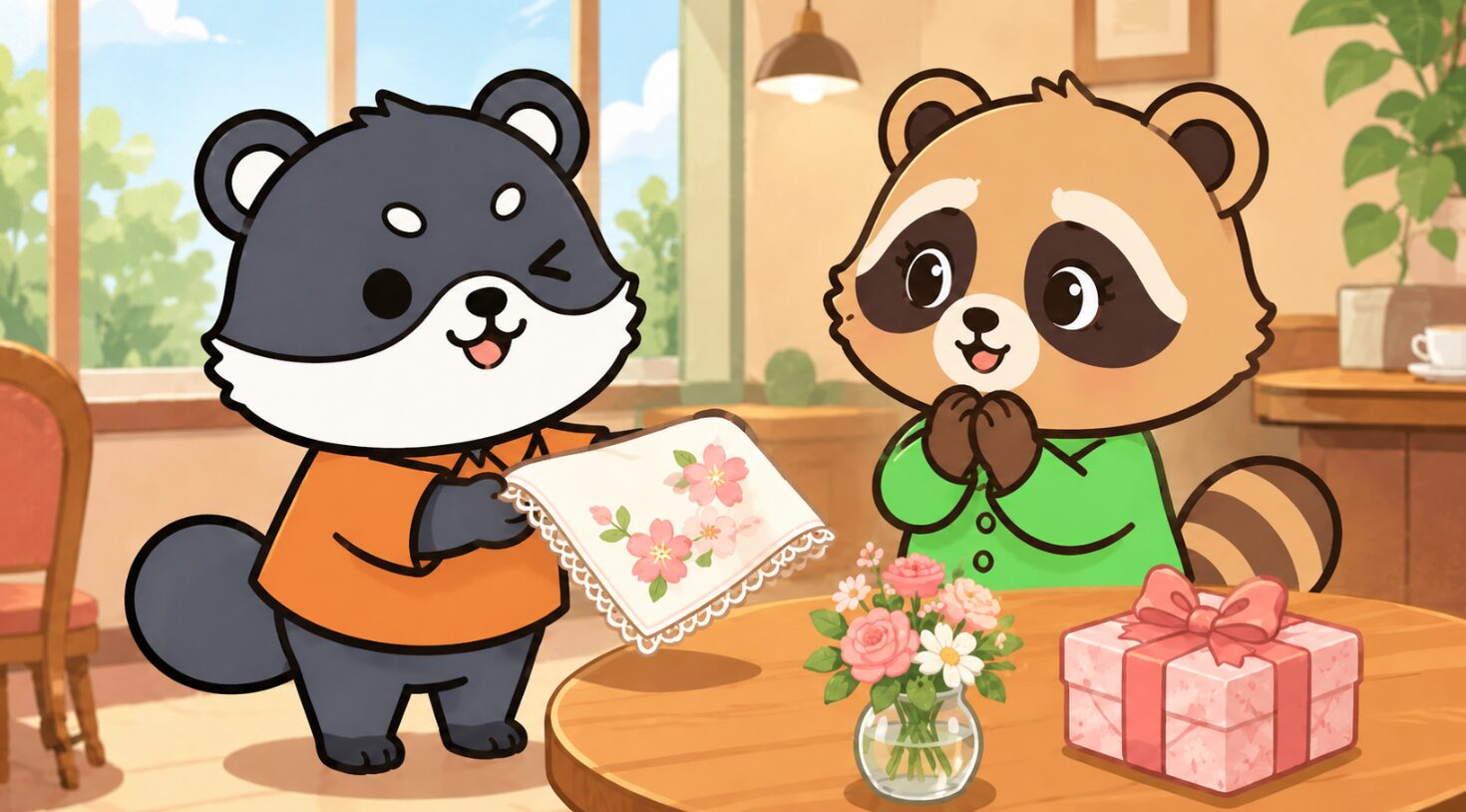 明るいカフェでたぬきが花柄とレースのハンカチを女性たぬきに丁寧に渡しているイラスト