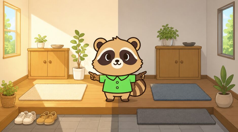 緑のシャツを着たかわいいデフォルメたぬきが、明るい日差しの入る玄関側と落ち着いた影のある玄関側を指差しながら、方角に合わせた玄関マット選びを説明しているイラスト。