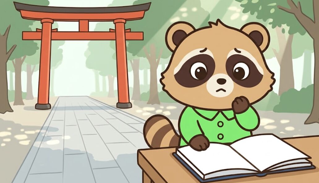 御朱印帳の1ページ目を見ながら使うか迷うたぬき