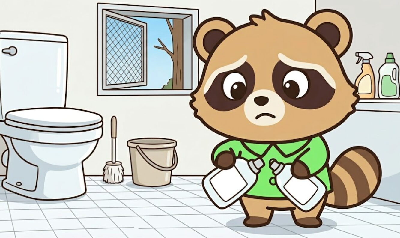 緑のシャツを着たかわいいたぬきが、トイレ掃除中に2本の洗剤ボトルを同時に使おうとして困っているイラスト