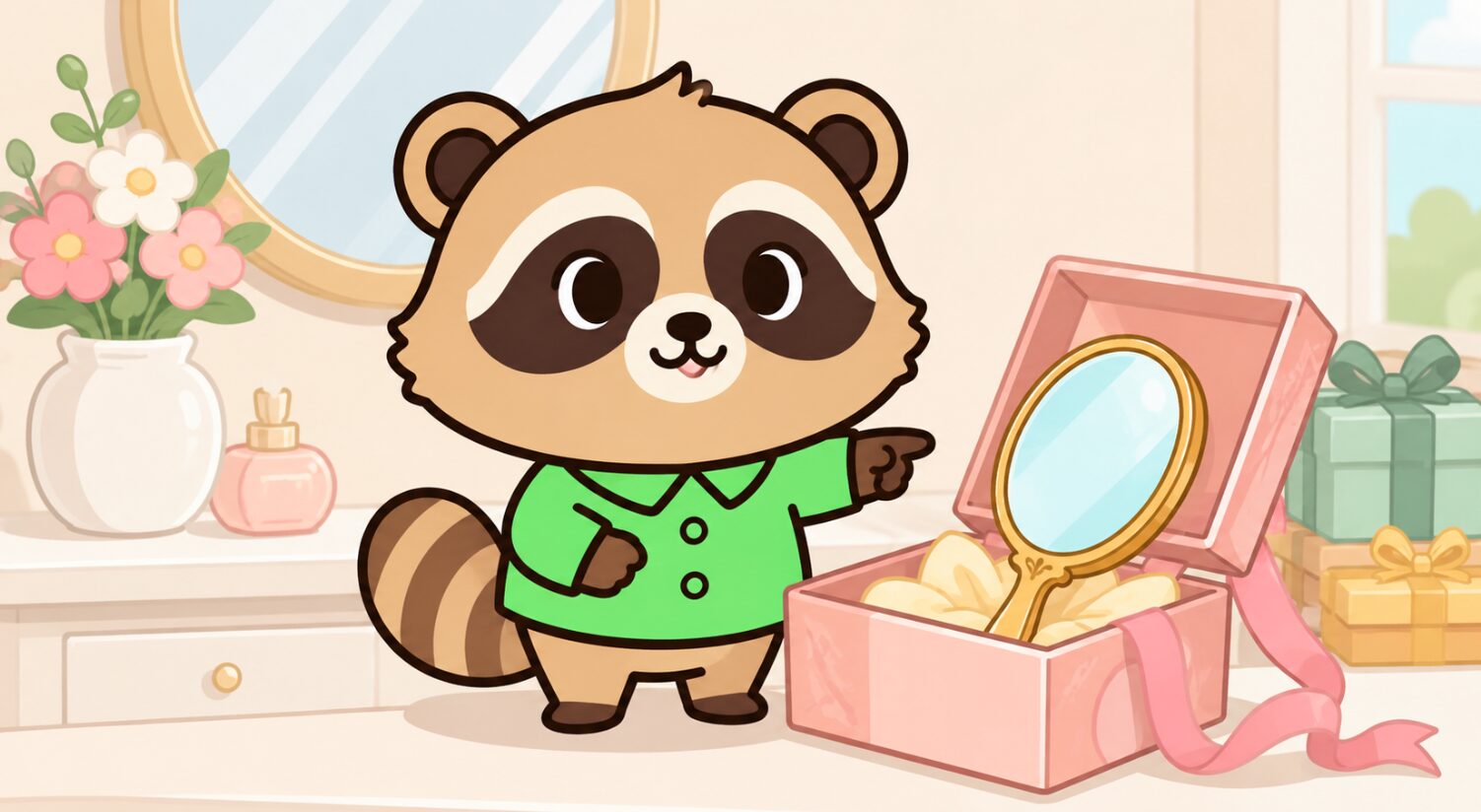 緑のシャツを着たかわいいたぬきが、ドレッサーの上で開いたギフトボックスに入った手鏡を指差して説明しているイラスト