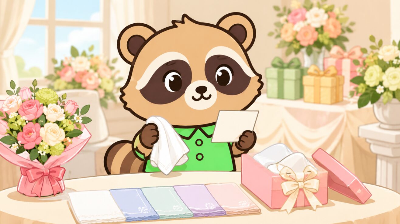 お祝い会場で白いハンカチとメモを手にしたたぬきが、ギフト選びに注意している様子のイラスト
