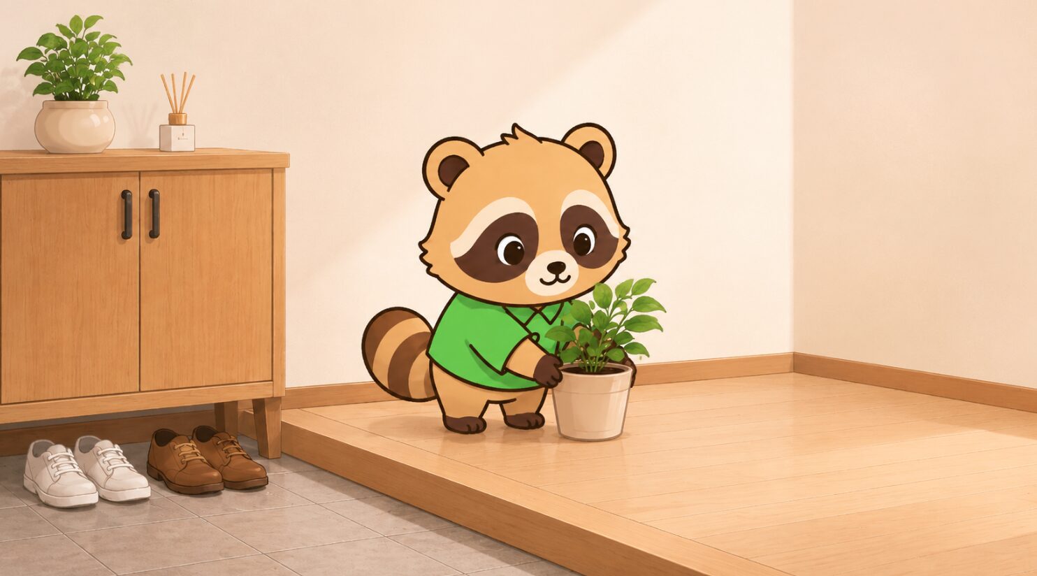 玄関マットの代わりに観葉植物を置き、たぬきが風水を意識して明るい玄関を整えているイラスト