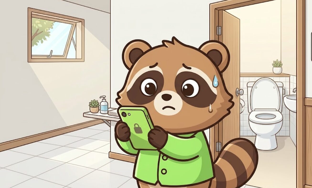 トイレの前で緑のシャツを着たかわいいたぬきが、スマホを持ち込まず棚に置こうとしているイラスト