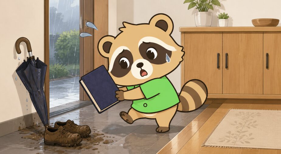 雨の日の玄関で、たぬきが濡れた傘や泥のついた靴から御朱印帳を離そうとしているイラスト