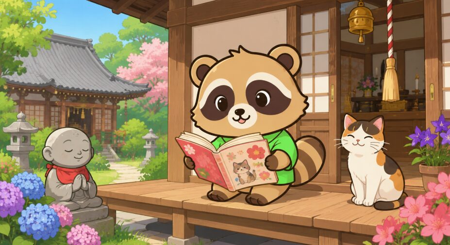 小さな寺の縁側で、緑のシャツのたぬきが猫や花の絵柄が入った御朱印帳を笑顔で眺めているイラスト