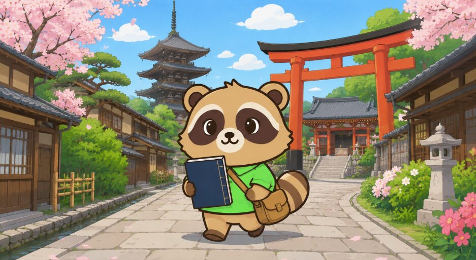 旅行バッグと御朱印帳を持った緑のシャツのたぬきが、京都らしい鳥居や五重塔のある石畳の道を歩いているイラスト
