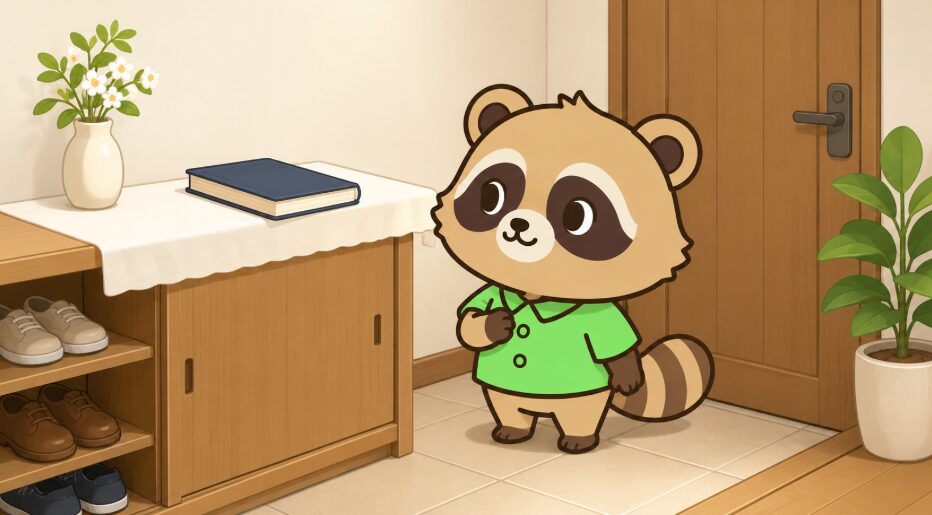 緑のシャツを着たたぬきが、清潔な玄関で白い布の上に置かれた御朱印帳を穏やかに見つめているイラスト