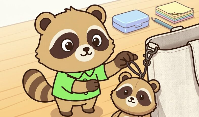 トートバッグにたぬきのマスコットをつけるイラスト