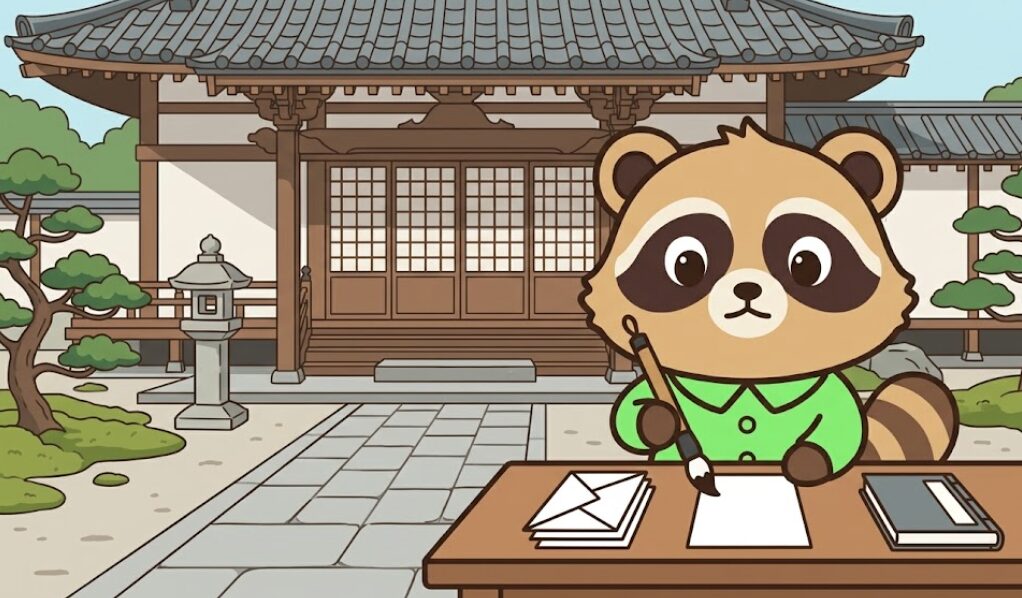 たぬきが寺の本堂を背景に、白い封筒と御朱印帳を並べて筆ペンを持っている