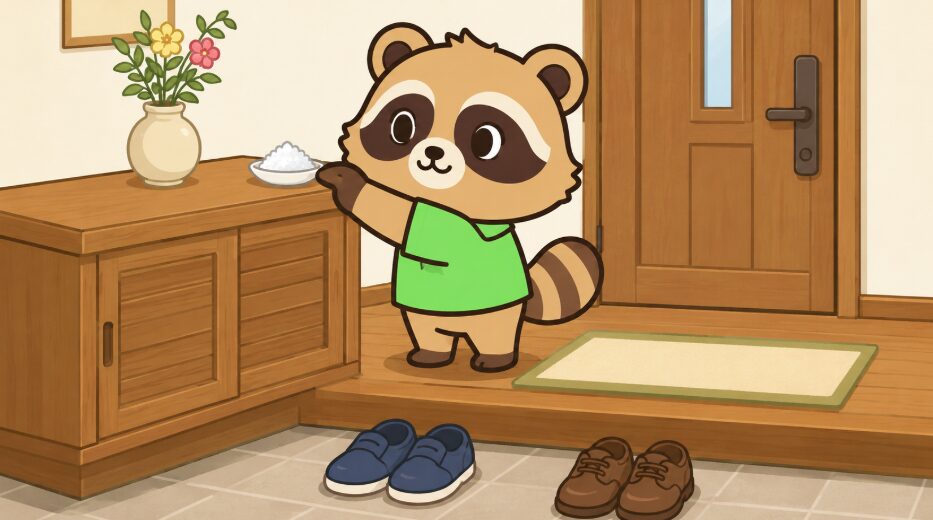 緑のシャツのたぬきが玄関のシューズボックス上に守り塩を置いている様子