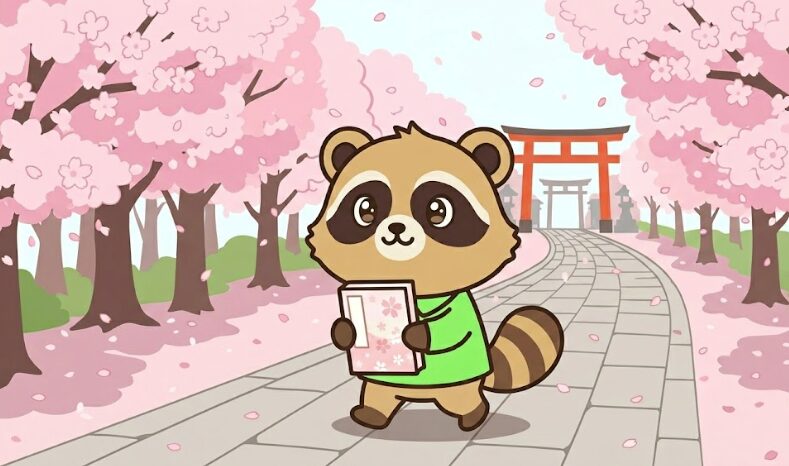 たぬきが桜柄の御朱印帳を持って満開の桜が咲く神社の参道を歩いているイラスト