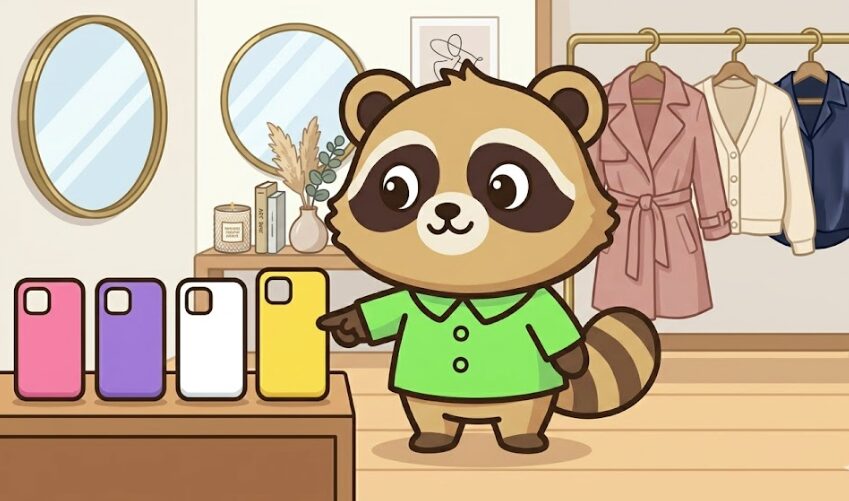 2026年の流行色を取り入れたスマホケースを、緑のシャツを着たかわいいたぬきが服や小物と合わせて選んでいるイラスト