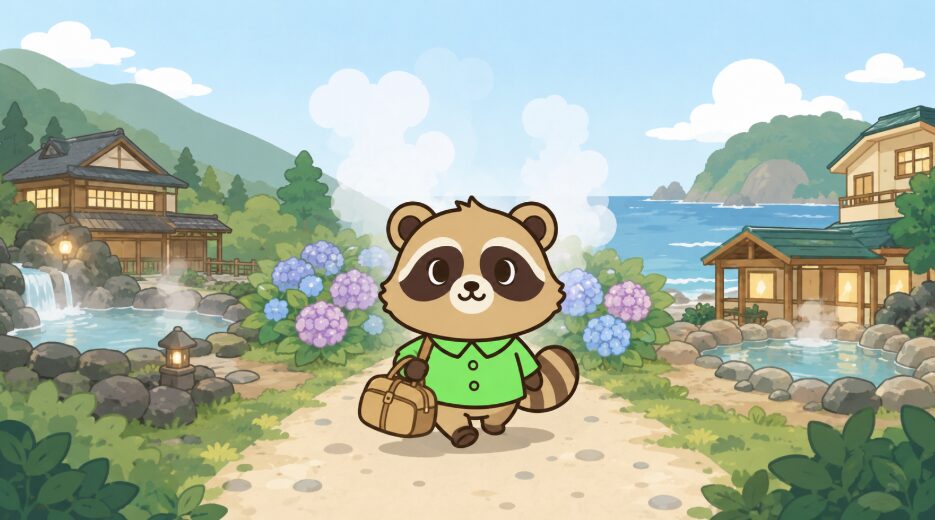 旅行バッグを持ったたぬきが、山あいの温泉宿と海辺の温泉宿の間の道を歩いているイラスト