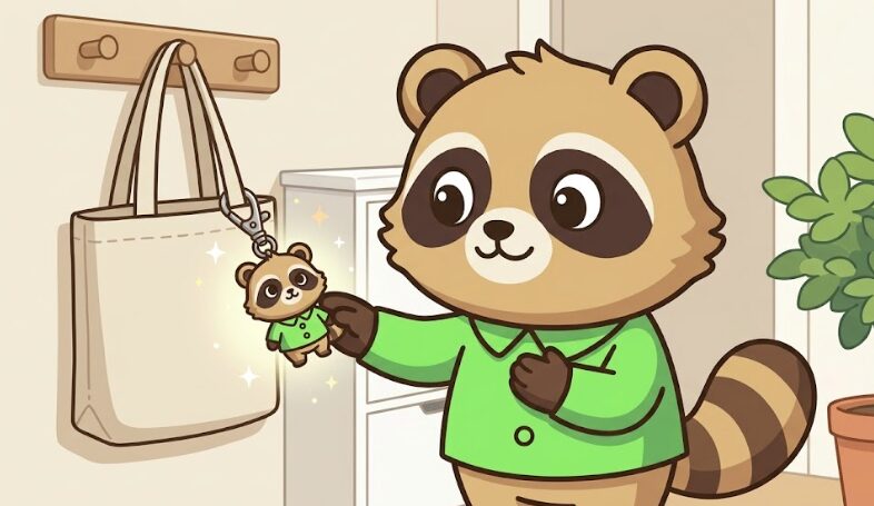 緑色のシャツを着た、タヌキのイラスト。胸に手を当て、バッグに付いた自分そっくりの小さなチャームを優しく触っている。背景は明るい玄関で、壁掛けバッグや観葉植物が描かれている。
