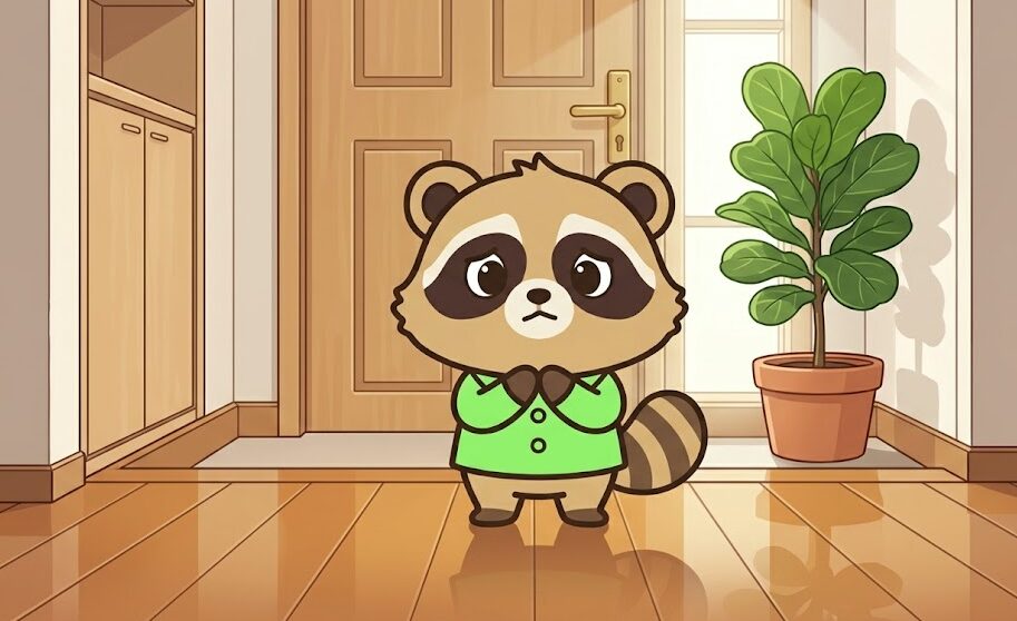 玄関マットなしの風水が気になるたぬきが、清潔な玄関で運気について考えているイラスト