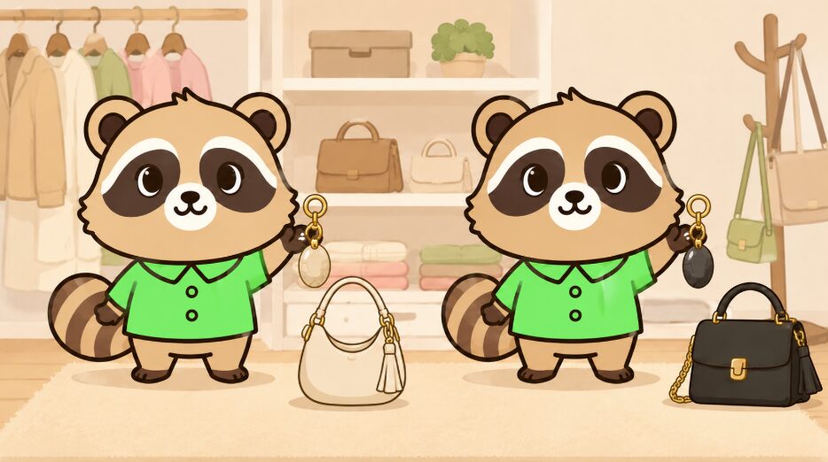 緑のシャツを着たかわいいたぬきが、色や形の違う天然石バッグチャームを左右で見比べているイラスト