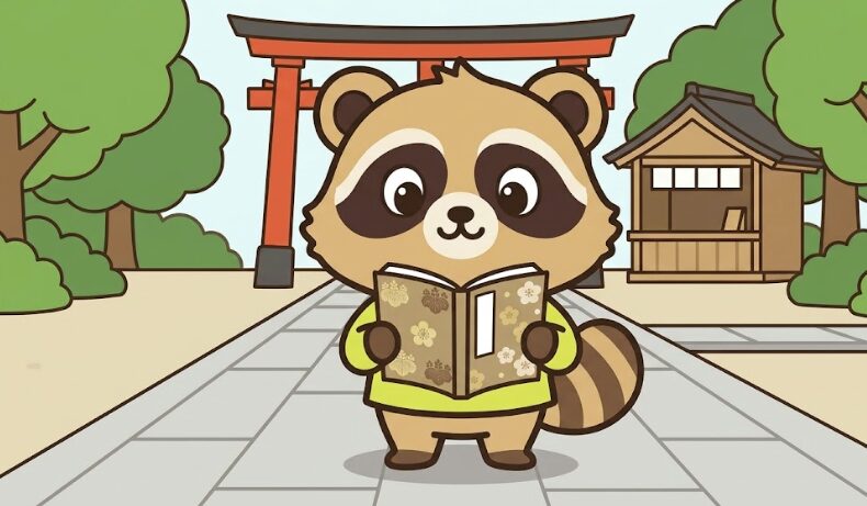 御朱印帳を開いて使い始めるページを確認するたぬき