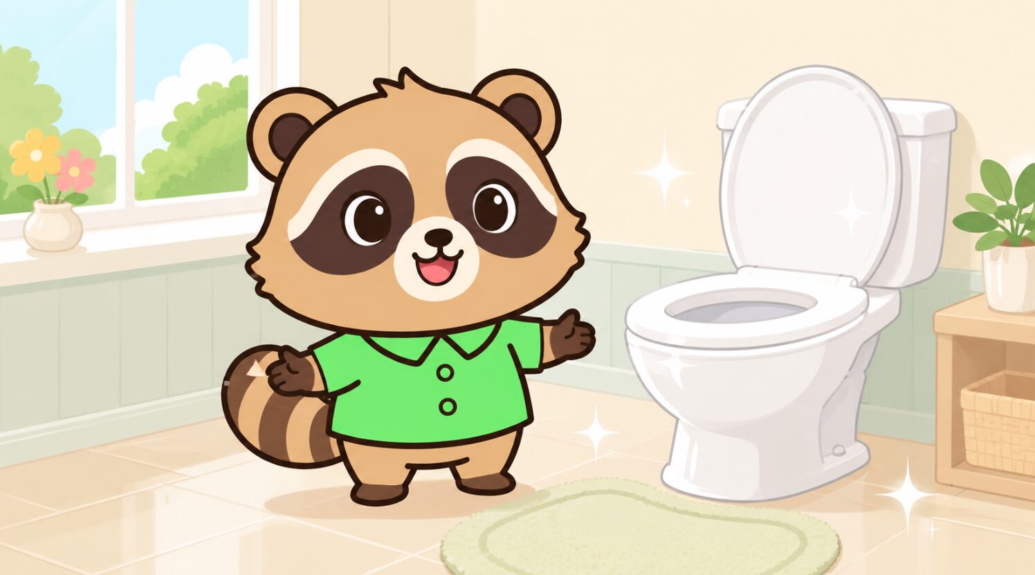ピカピカに掃除された清潔なトイレを見て、緑のシャツを着たかわいいたぬきがうれしそうに喜んでいるイラスト