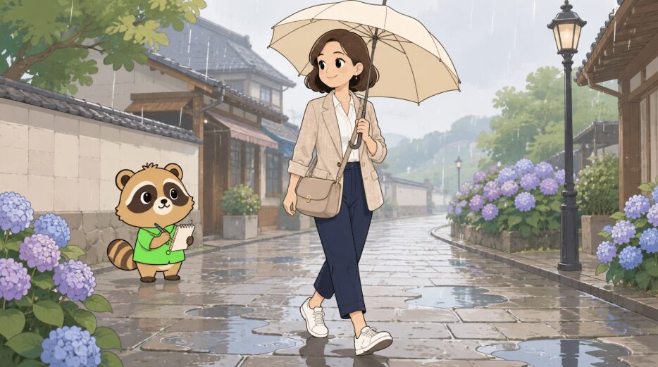 雨の日でも疲れにくい女性向け旅行コーデを、たぬきキャラクターが観光地で参考にしているイラスト