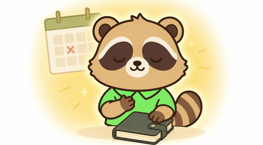 緑のシャツを着たたぬきが、片手を胸に当てながら穏やかに手帳を閉じているイラスト。背景には「X」印の付いたカレンダーがあり、たぬきの周囲を温かい黄色の光が包んでいる。
