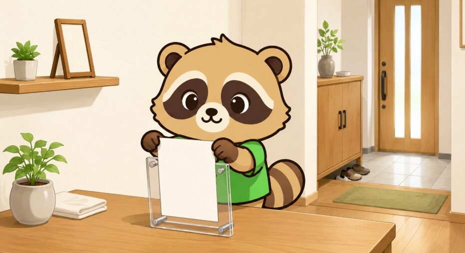 たぬきがテーブルの上で白い和紙カードを透明なアクリルフレームに入れているイラスト