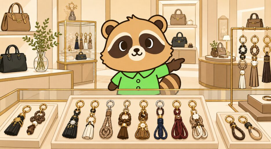 緑のシャツを着たかわいいたぬきが、並んだ天然石チャームを指差して選び方を説明しているイラスト