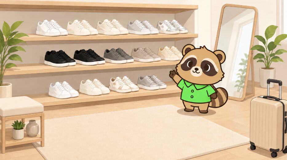 たぬきキャラクターが白、黒、グレー、ベージュ、シルバーのスニーカーを並べて紹介しているイラスト