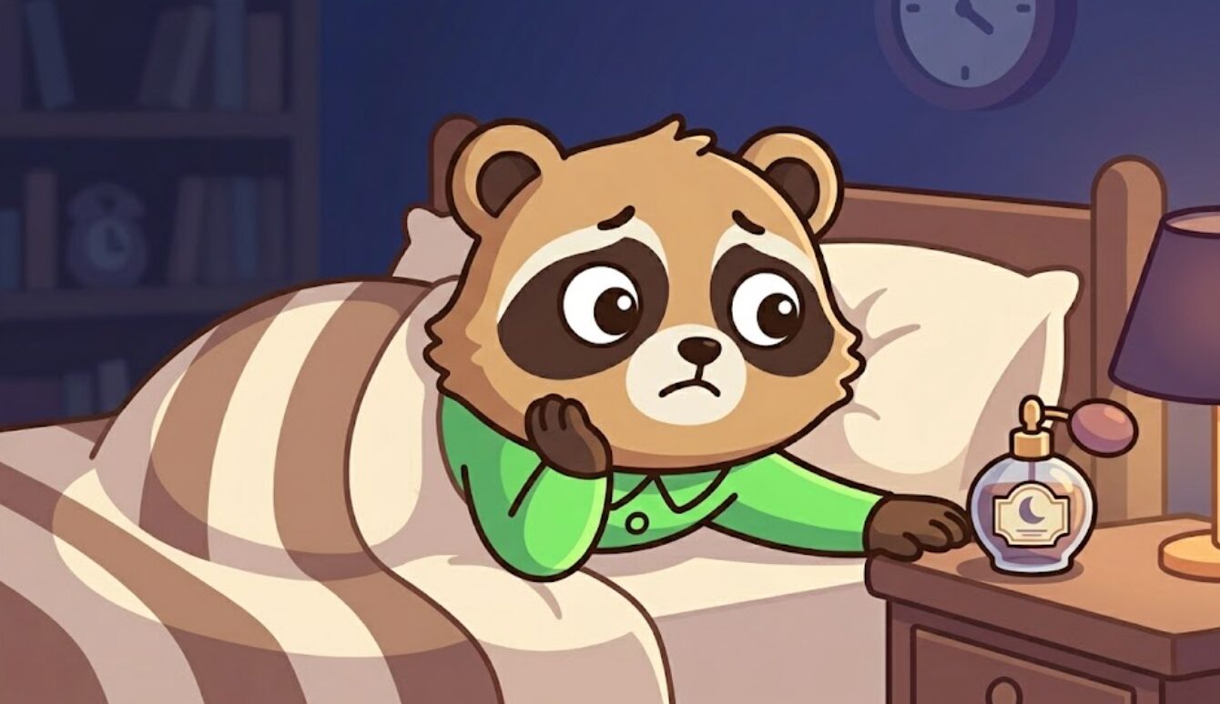 たぬきが枕元の強い香りで眠れず困っているイラスト