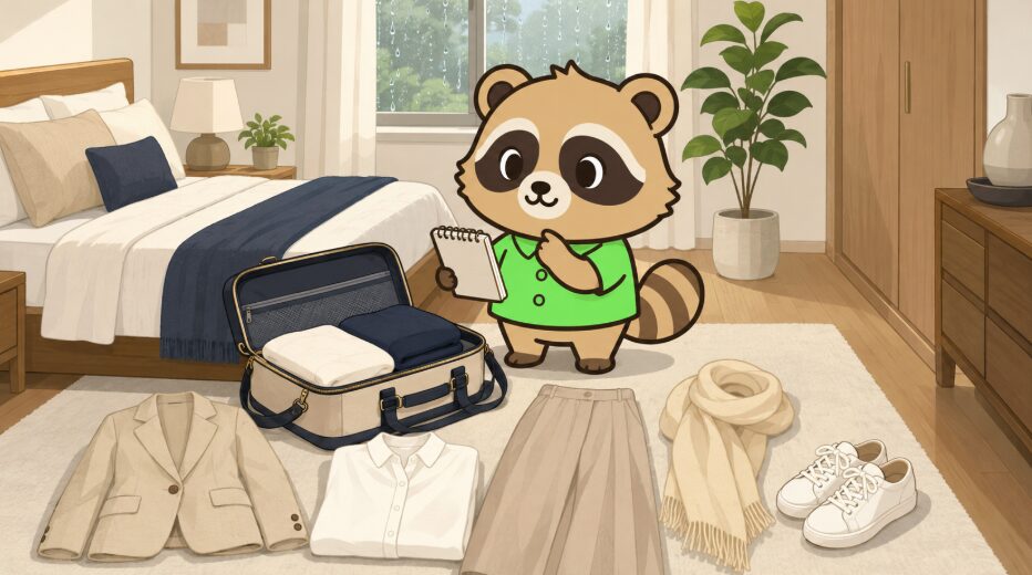 たぬきキャラクターが旅行バッグの前で服や持ち物を確認しながら旅支度をしているイラスト