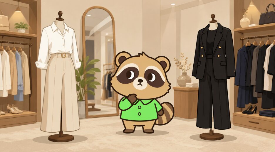 たぬきキャラクターが白い服と黒い服のマネキンを見比べて、見え方の違いを考えているイラスト