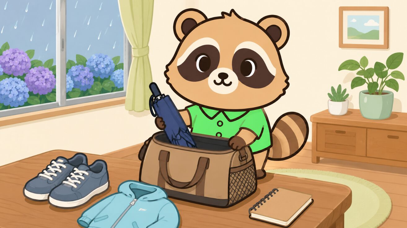 6月の一人旅の準備をするたぬきが、雨の窓辺で旅行バッグに傘や靴を詰めているイラスト